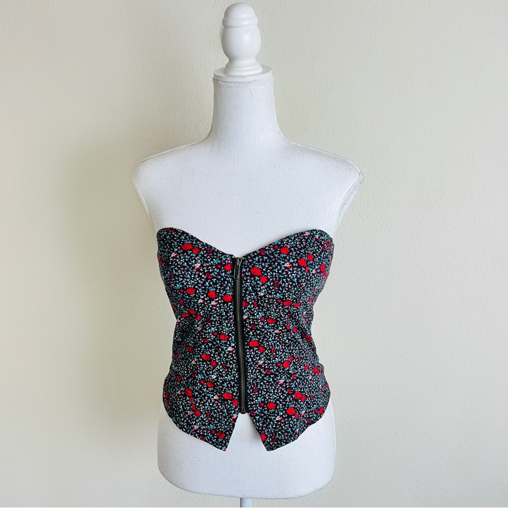 Urban Outfitters Red & Green Floral Front Zip Tuxedo Bustier Strapless Tank Top
